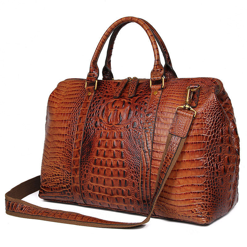 Brown Croc Print Real Leather Duffle Bag For Weekend