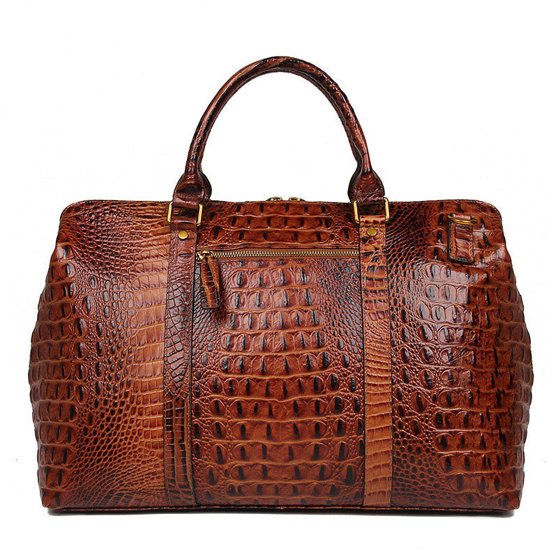 Brown Croc Print Real Leather Duffle Bag For Weekend