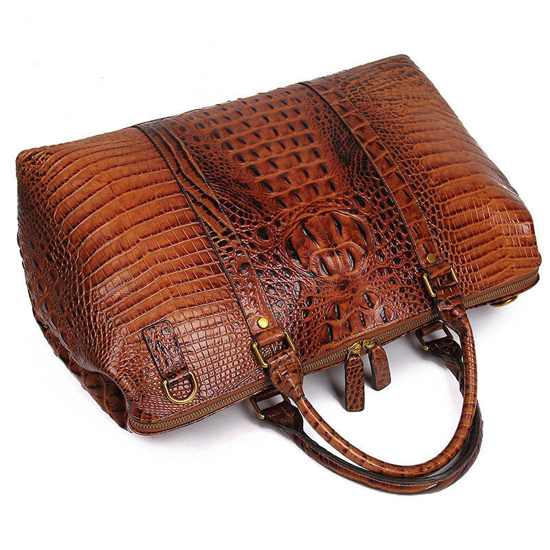 Brown Croc Print Real Leather Duffle Bag For Weekend