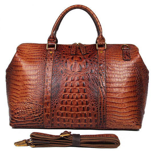 Brown Croc Print Real Leather Duffle Bag For Weekend